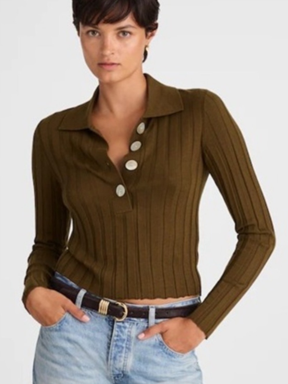 Madewell Olive Green Ribbed Button Polo Sweater